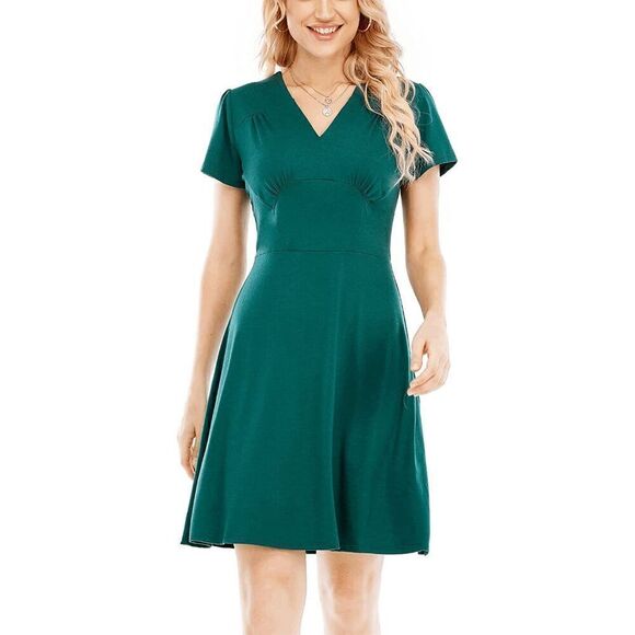 💚 Pinup Retro Vintage 1940s 1950s Elegant Swing Stretchy Green Dress SIZE M NEW - Picture 2 of 12